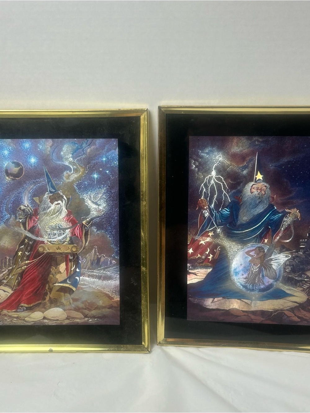 Set Of 2 Fantasy Wizard Foil Art Framed Prints 8x10 Vintage USA